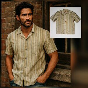 Bruno 100% Washable Linen Short Sleeve Striped Sage Green Button Front Shirt NEW